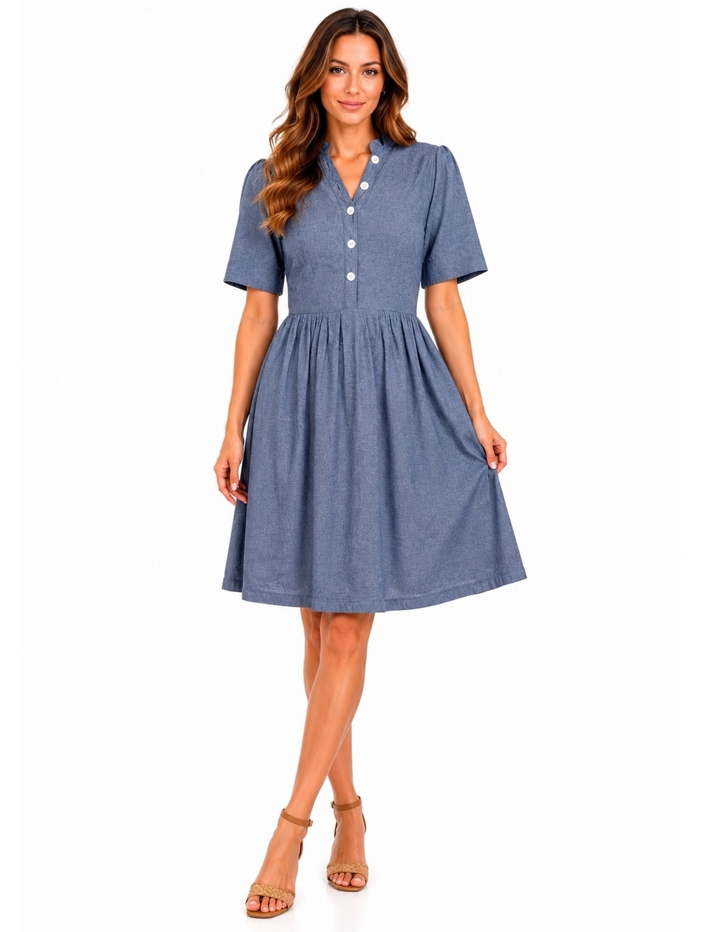 Shabby Apple Retro Vintage Style Chambray Poplin Midi Dress Blue Cotton M